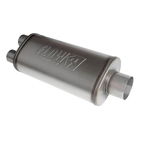 Flowmaster FlowFX 409 Stainless Steel 3.5 Inch Muffler 72587 Muffler, FlowFX, Steel, Natural, Oval, 3.50 in. Center Inlet, 2.50 in. Dual Outlets, 18.00 in. Case Length, Ford, GMC, Ram, Each thumbnail 2