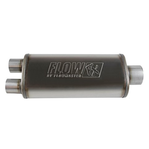 Flowmaster FlowFX 409 Stainless Steel 3.5 Inch Muffler 72587 Muffler, FlowFX, Steel, Natural, Oval, 3.50 in. Center Inlet, 2.50 in. Dual Outlets, 18.00 in. Case Length, Ford, GMC, Ram, Each thumbnail 3