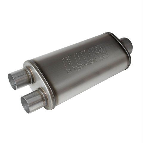 Flowmaster FlowFX 409 Stainless Steel 3.5 Inch Muffler 72587 Muffler, FlowFX, Steel, Natural, Oval, 3.50 in. Center Inlet, 2.50 in. Dual Outlets, 18.00 in. Case Length, Ford, GMC, Ram, Each thumbnail 4