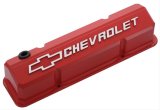 Proform GM Licensed Collector's Series Slant-Edge Valve Covers 141-931 Covers, Slant Edge, Tall, Perimeter Bolt, Cast Aluminum, Red, Chevrolet Logo, Chevy, Small Block, Pair thumbnail 1