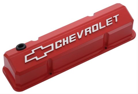 Proform GM Licensed Collector's Series Slant-Edge Valve Covers 141-931 Covers, Slant Edge, Tall, Perimeter Bolt, Cast Aluminum, Red, Chevrolet Logo, Chevy, Small Block, Pair