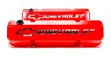 Proform GM Licensed Collector's Series Slant-Edge Valve Covers 141-931 Covers, Slant Edge, Tall, Perimeter Bolt, Cast Aluminum, Red, Chevrolet Logo, Chevy, Small Block, Pair thumbnail 2