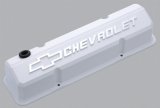 Proform GM Licensed Collector's Series Slant-Edge Valve Covers 141-935 Covers, Slant-Edge, Tall, Perimeter Bolt Mounting Style, White, Bowtie Emblem, Chevy, Small Block, Pair thumbnail 1