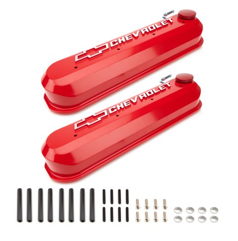Proform GM Licensed Slant Edge Valve Covers 141-267 Covers, Edge, Tall, Center Bolt, Cast Aluminum, Red, Chevrolet Logo, Chevy, LS, Pair thumbnail 2