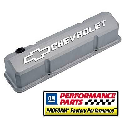 Proform GM Licensed Slant Edge Valve Covers 141-925 Covers, Aluminum, Gray Crinkle, Tall, Chevrolet, Bowtie Emblem, Chevy, Small Block, Pair thumbnail 2