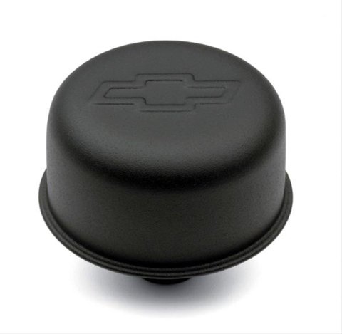 Proform Air Breather Caps for Chevrolet 141-754 Valve Cover Breather, Push-In, Round, Steel, Black Wrinkle, Bowtie Emblem, Each