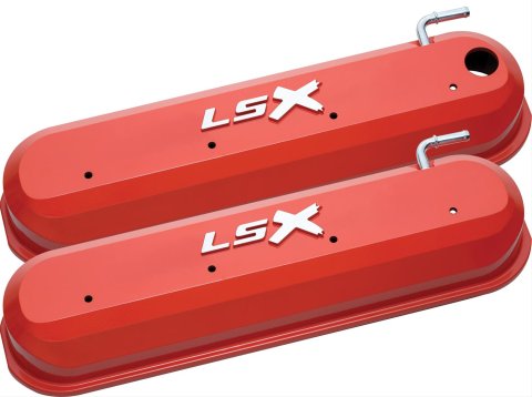 Proform Slant Edge Diecast Aluminum Valve Covers 141-257 Covers, Edge, Tall, Centerbolt, Cast Aluminum, Orange, LSX Top Style, Chevy, Small Block LS, Pair