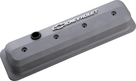 Proform GM Licensed Slant Edge Valve Covers 141-842 Cover, Cast Aluminum, Gray Crinkle, Raised Chevrolet Logo, Chevy, Small Block, Pair