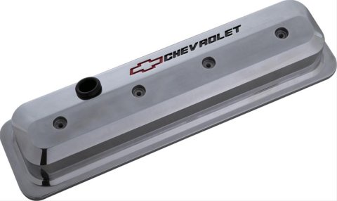 Proform GM Licensed Slant Edge Valve Covers 141-843 Cover, Cast Aluminum, Polished, Recessed Chevrolet Logo, Chevy, Small Block, Pair thumbnail 1