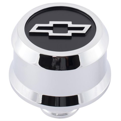 Proform Slant Edge Aluminum Breather Caps 141-856 Breather, Push-in, Aluminum, Chrome, Bowtie Logo, Each thumbnail 1