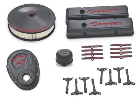 Proform GM Licensed Chevy Engine Dress Up Kits 141-880 Dress-Up Kit, Shark Gray, Red Chevrolet Logo, Tall Valve Covers, Valve Cover Wing Nuts, Hold-Down Tabs, Timing Cover, Air Cleaner, Kit thumbnail 4