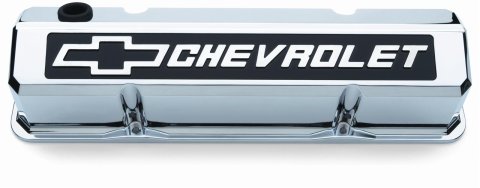 Proform GM Licensed Slant Edge Valve Covers 141-922 Covers, Cast Aluminum, Chrome, Tall, Chevrolet, Bowtie Emblem, Chevy, Small Block, Pair thumbnail 1