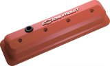 Proform GM Licensed Slant Edge Valve Covers 141-841 Cover, Cast Aluminum, Orange Powdercoated, Raised Chevrolet Logo, Chevy, Small Block, Pair thumbnail 1