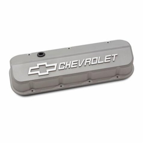 Proform GM Licensed Slant Edge Valve Covers 141-872 Covers, Edge, Tall, Perimeter Bolt, Cast Aluminum, Textured Gray Powdercoated, Chevrolet Logo Top Style, Chevrolet, Big Block, Pair thumbnail 1