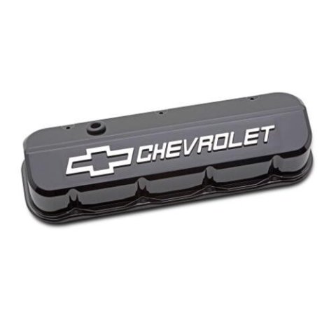 Proform GM Licensed Slant Edge Valve Covers 141-868 Covers, Edge, Tall, Perimeter Bolt, Cast Aluminum, Gloss Black Powdercoated, Chevrolet Logo Top Style, Chevrolet, Big Block, Pair thumbnail 1