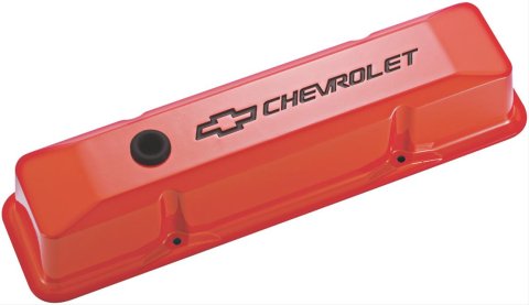 Proform GM Licensed Diecast Aluminum Chevrolet Valve Covers 141-118 Covers, Tall, Die-Cast Aluminum, Orange Powdercoated, Bowtie Emblem, Chevy, Small Block, Pair thumbnail 1