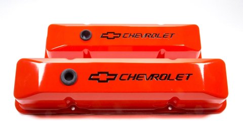 Proform GM Licensed Diecast Aluminum Chevrolet Valve Covers 141-118 Covers, Tall, Die-Cast Aluminum, Orange Powdercoated, Bowtie Emblem, Chevy, Small Block, Pair thumbnail 2