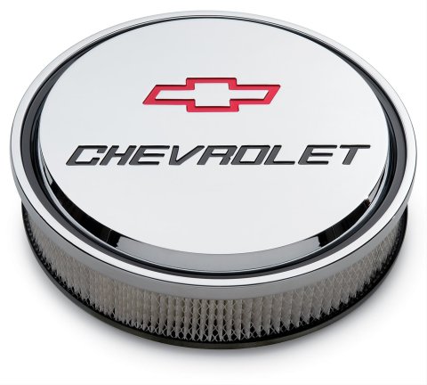 Proform GM Licensed Chevrolet Slant-Edge Air Cleaners 141-835 Cleaners, Slant-Edge, Round, Dropped Base, Chrome, Logo Top, 14 in. Diameter, 3 in. Filter Height, Each