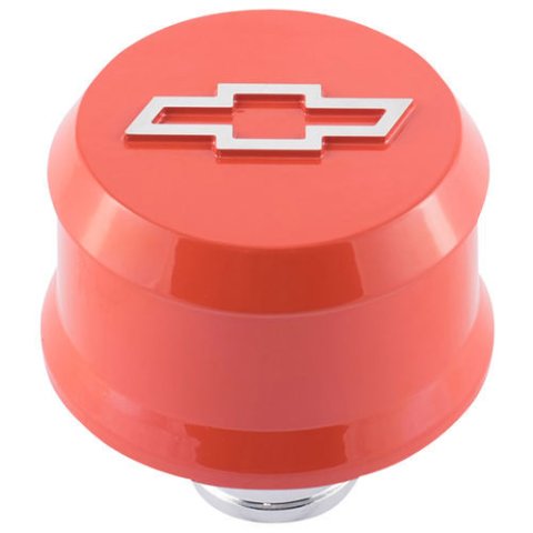 Proform Slant Edge Aluminum Breather Caps 141-859 Valve Cover Breather, Aluminum, Push-in, Round, Chevy Orange, Bowtie Emblem, 2.500 in. Diameter, 1.220 in. Hole Size, Each thumbnail 2