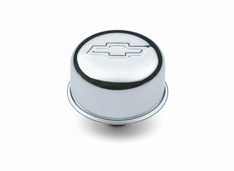 Proform Air Breather Caps for Chevrolet 141-616 Valve Cover Breather, Push-In, Round, Steel, Chrome, Bowtie Emblem, Each