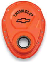 Proform Chevy Bowtie Timing Chain Covers 141-783 Cover, One-piece, Steel, Orange, Black, Chevrolet and Emblem, Chevy, Each thumbnail 2
