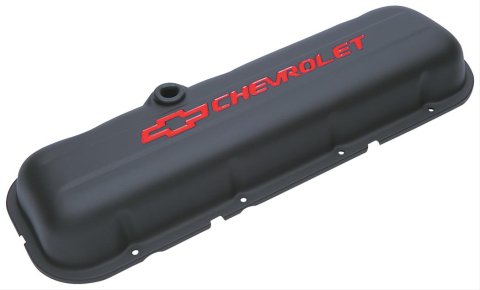 Proform Stamped Steel Chevrolet Valve Covers 141-810 Covers, Short, With Baffle, Steel, Black Wrinkle, Red Logo, Chevy, Big Block, Pair thumbnail 1