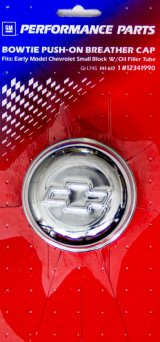 Proform Air Breather Caps for Chevrolet 141-617 Valve Cover Breather, Push-On, Round, Steel, Chrome, Bowtie Emblem, Each thumbnail 2