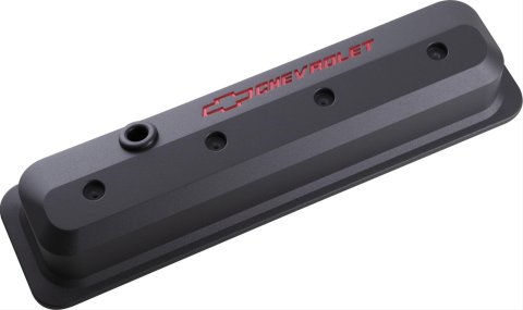 Proform GM Licensed Slant Edge Valve Covers 141-845 Cover, Cast Aluminum, Black Wrinkle, Recessed Chevrolet Logo, Chevy, Small Block, Pair thumbnail 1