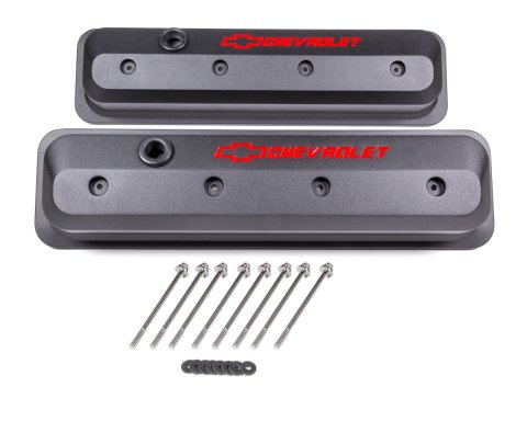 Proform GM Licensed Slant Edge Valve Covers 141-845 Cover, Cast Aluminum, Black Wrinkle, Recessed Chevrolet Logo, Chevy, Small Block, Pair thumbnail 2