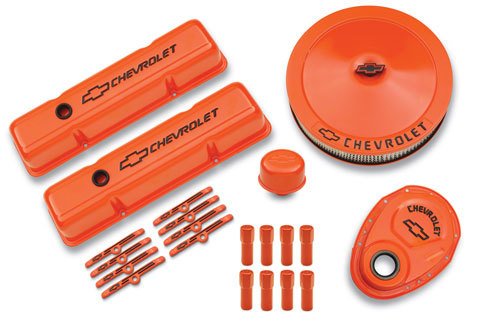 Proform GM Licensed Chevy Engine Dress Up Kits 141-780 Kit, Tall Valve Covers, Drop Base Air Cleaner, Accessories, Orange Powdercoated, Chevy, Small Block thumbnail 2
