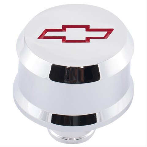 Proform Slant Edge Aluminum Breather Caps 141-853 Valve Cover Breather, Aluminum, Push-in, Round, Chrome, Red Bowtie Emblem, 2.500 in. Diameter, 1.220 in. Hole Size, Each thumbnail 2