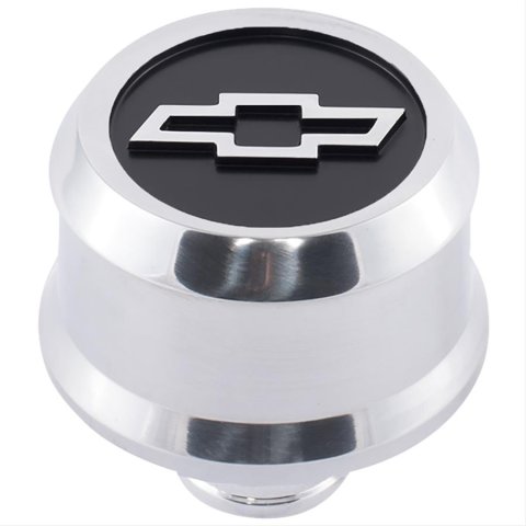 Proform Slant Edge Aluminum Breather Caps 141-857 Valve Cover Breather, Aluminum, Push-in, Round, Polished, Recessed Black Field Bowtie Emblem, 2.500 in. Diameter, 1.220 in. Hole Size, Each thumbnail 1