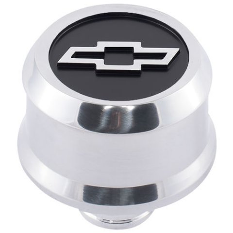 Proform Slant Edge Aluminum Breather Caps 141-857 Valve Cover Breather, Aluminum, Push-in, Round, Polished, Recessed Black Field Bowtie Emblem, 2.500 in. Diameter, 1.220 in. Hole Size, Each thumbnail 2