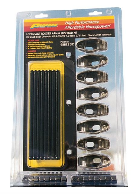 Proform Stamped Steel Rocker Arms 66923C and Pushrods, Stud Mount, Steel, 1.5 Ratio, Fits 3/8 in. Stud, Chevy, Small Block, Kit