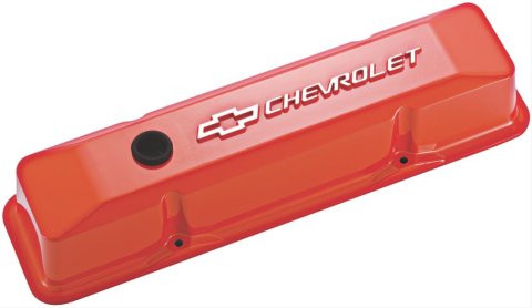 Proform GM Licensed Diecast Aluminum Chevrolet Valve Covers 141-120 Covers, Tall, Die-Cast Aluminum, Orange Powdercoated, Bowtie Emblem, Chevy, Small Block, Pair