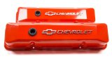 Proform GM Licensed Diecast Aluminum Chevrolet Valve Covers 141-120 Covers, Tall, Die-Cast Aluminum, Orange Powdercoated, Bowtie Emblem, Chevy, Small Block, Pair thumbnail 2