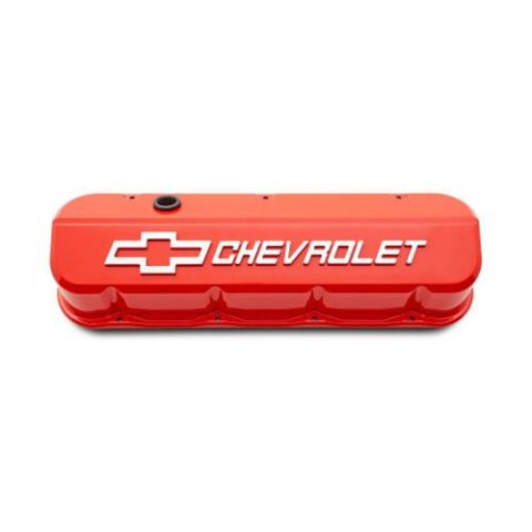 Proform GM Licensed Slant Edge Valve Covers 141-871 Covers, Edge, Tall, Perimeter Bolt, Cast Aluminum, Gloss Orange Powdercoated, Chevrolet Logo Top Style, Chevrolet, Big Block, Pair thumbnail 2
