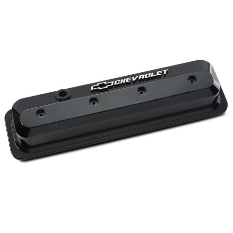 Proform GM Licensed Slant Edge Valve Covers 141-847 Cover, Cast Aluminum, Gloss Black, Edge, Raised Chevrolet Logo, Chevy, Small Block, Pair thumbnail 1