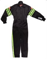 RaceQuip SFI-1 Pro-1 Single Layer Kids Suits 1950792RQP Driving Suits, Suits, One-piece, Pyrovatex, Black with Green Stripe, SFI 3.2A/1, Youth Small, Each thumbnail 1