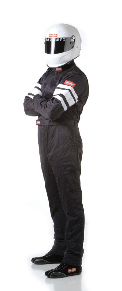 RaceQuip 120 Series Pyrovatex SFI-5 Suits 120003RQP Driving Suit, 1-Piece, Series, Pyrovatex, Multi-Layer, Black with White Stripe, Men's Medium, Each