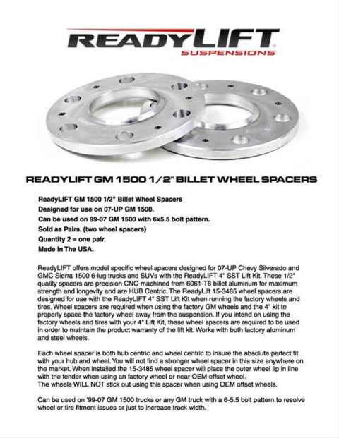 ReadyLift Suspension 0.5 inch Wheel Spacers 15-3485 Spacers, Aluminum, 0.500 in. Thickness, 6 x 5.50 in. Bolt Circle, Chevy, GMC, Pair thumbnail 1