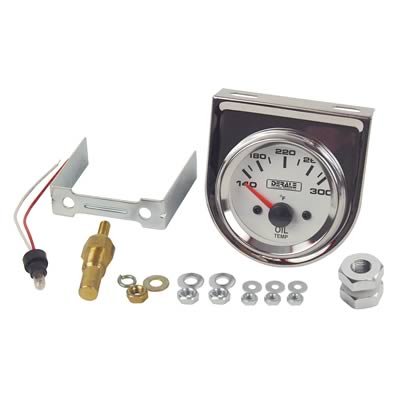 Derale Analog Gauges 13009 Gauge, Transmission/Oil Temp. 140-300 Degrees F, White Face/Chrome Bezel, 2 1/16 in., Analog, Electrical, Each thumbnail 1