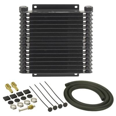 Derale 9000 Series Fin and Plate Transmission Coolers 13614 Fluid Cooler, Plate-Fin Type, Aluminum, 10.125 in. x 11.875 in. x 1.25 in., 1/2 NPT Inlet, Outlet, Kit