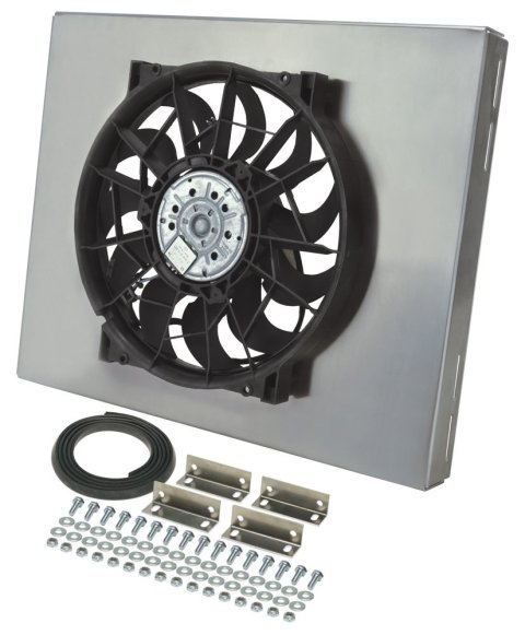 13 Inch 2,000 CFM Derale High-Output Single RAD Fan and Shroud Kit 16820 Electric Fan, Single, in. Diameter, w/Shroud, 20.000 in. Width, 16.380 in. Height, 3.440 in. Thick, Each thumbnail 1
