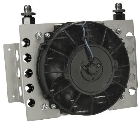 Derale Atomic-Cool Remote Fan-Mounted Oil Coolers 13950 Fluid Cooler, Fan, Plate Type, Aluminum, Black, 9-3/8 in. x 12-3/4 in. x 4-5/16 in., -6 AN Inlet/Outlet thumbnail 1