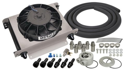 Derale Hyper-Cool Remote Fluid Coolers with Fan Kits 15660 Cooler, Hyper-Cool, Engine Oil, Fan, Fittings, Hose, Aluminum, Black, 13 in. x 10 in. x 5.625, Kit