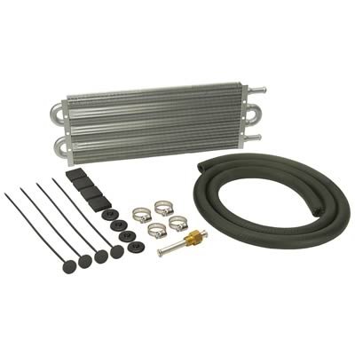 Derale Dyno-Cool Transmission Coolers 12902 Cooler, Dyno-Cool, Tube and Fin, 4 Rows, Aluminum, 11/32 in. Hose Barb, Rubber Hose, Clamps, Kit