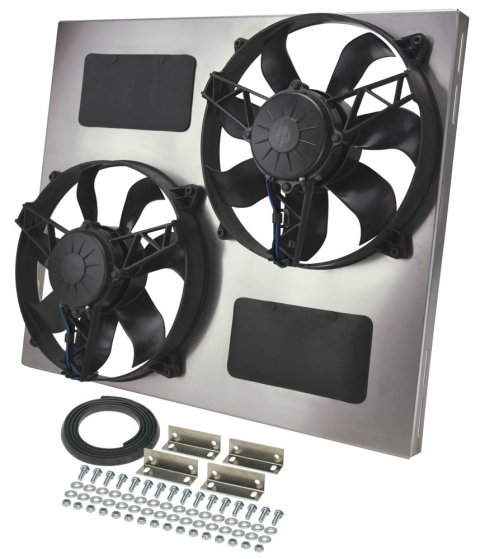 12 Inch 3,750 CFM Derale High-Output Dual RAD Fan and Shroud Kit 16835 Electric Fan, Dual, in. Diameter Fans, w/Shroud, 23.750 in. Width, 19.750 in. Height, 4.50 in. Thick, Each thumbnail 2