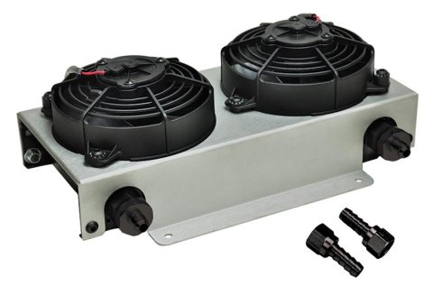 Derale Hyper-Cool Remote Fluid Coolers with Fan Kits 13740 Cooler, Dual Fan, Transmission, Oil, 7.375 in. x 13 in. x 4.875 in. Unit Size, -6 AN In/Out, Aluminum, Kit