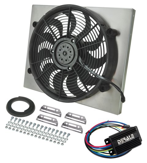 17 Inch 2,400 CFM Derale High-Output RAD Fan and Shroud Powerpacks 66823 Electric Fan, Powerpack Assembly, in. Diameter, Puller, cfm, Black, Plastic, Shroud, Aluminum, Each